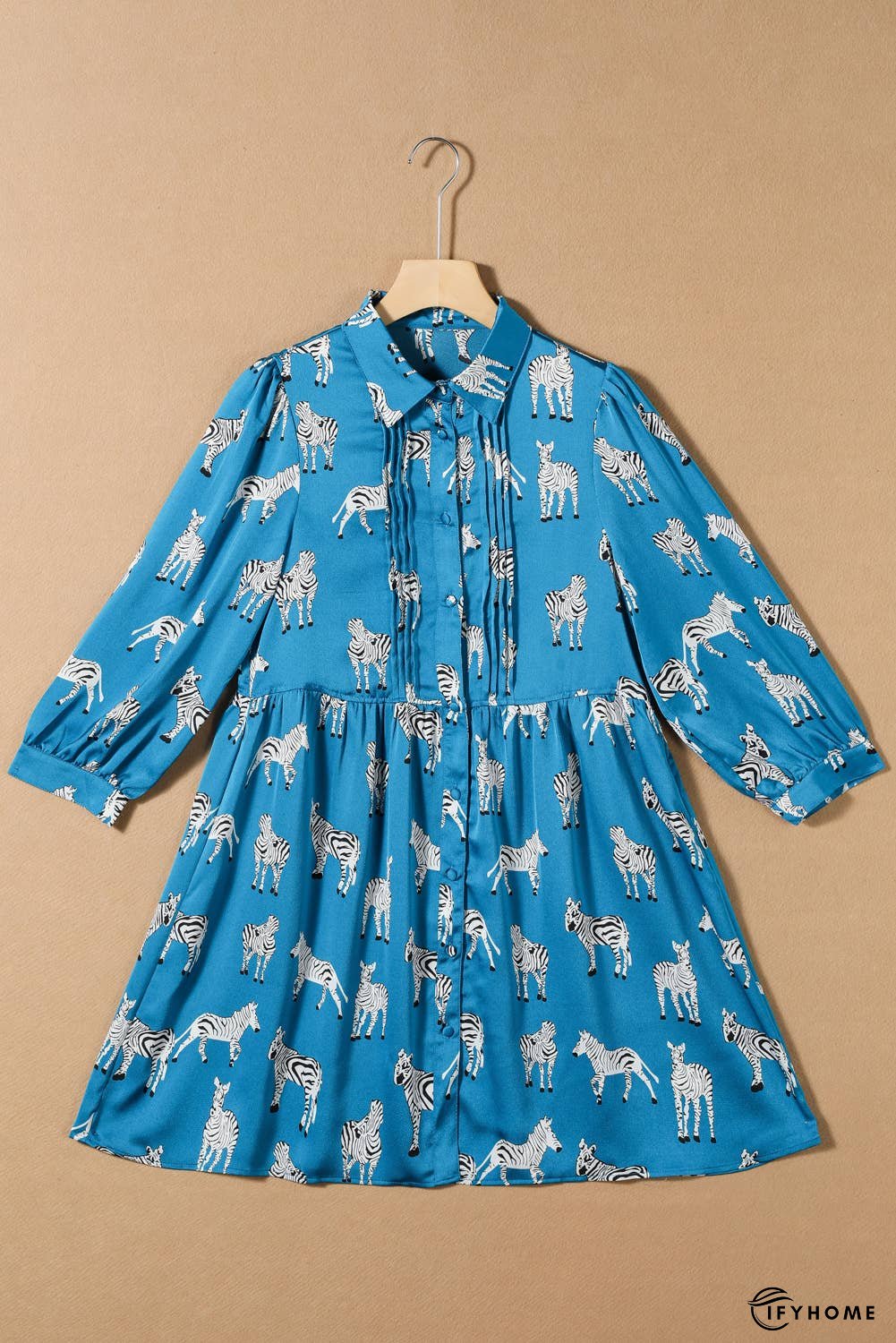Blue Printed Zebra Pattern Pleated Shirt  Dress | IFYHOME