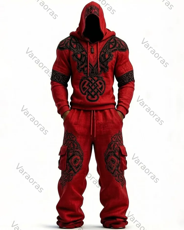 Men's Fashion Viking Contrast Color Embroidered Hoodie & Pants Two-Piece Set 8965