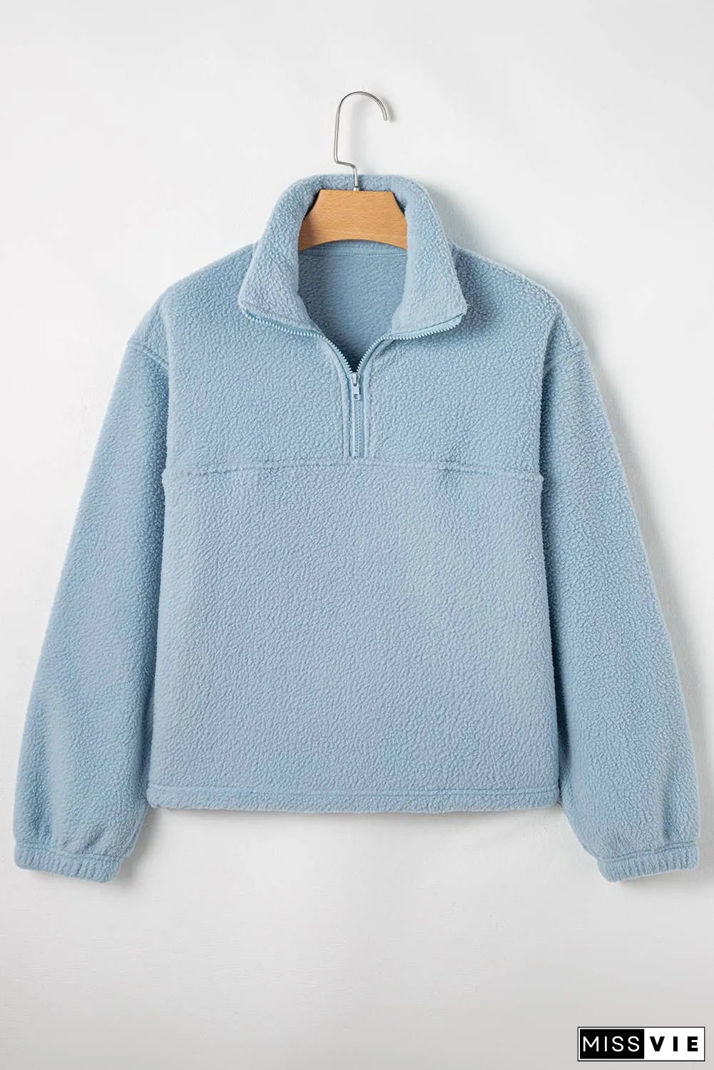 Collared Zipper Drop Shoulder Fleece Sweatshirt