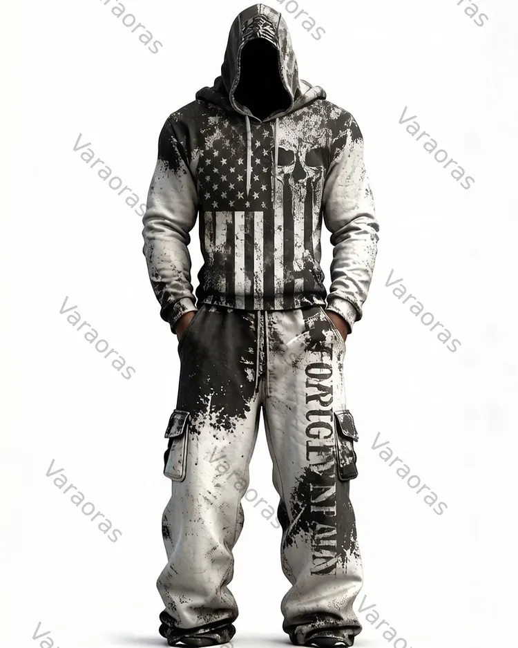 Men's Fashion Skull Contrast Color Embroidered Hoodie & Pants Two-Piece Set 8863