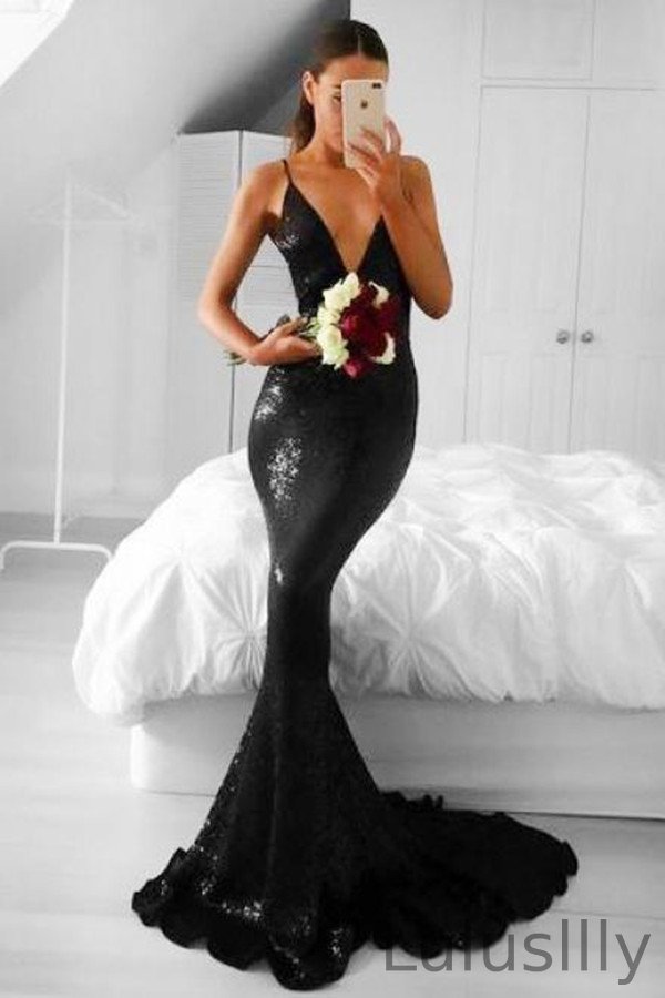 Glamorous Black Sequins Mermaid Evening Dress Spaghetti-Straps V-Neck - lulusllly