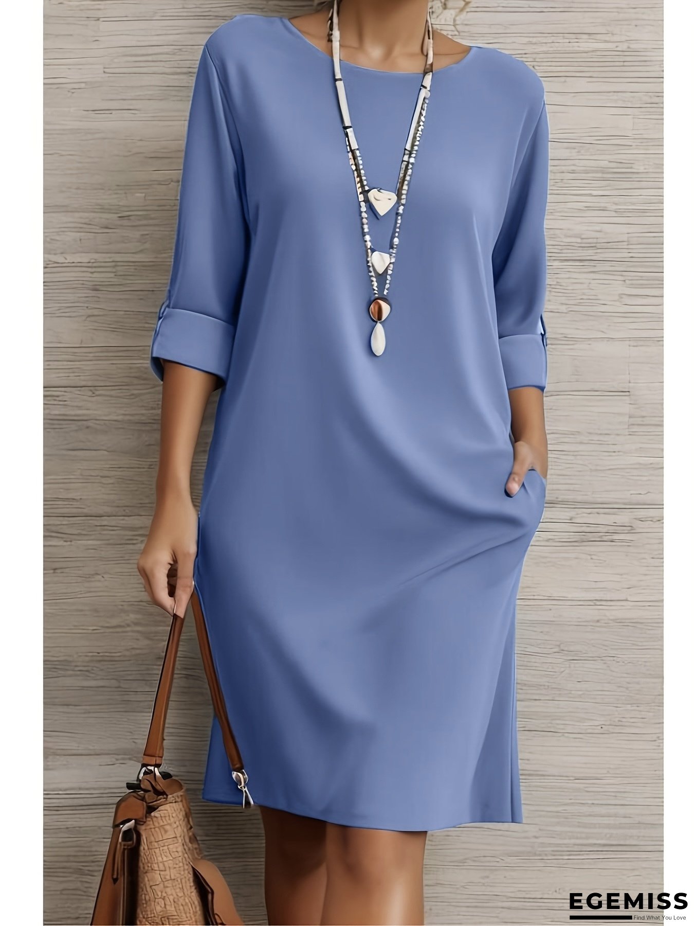 Elegant Navy Blue Midi Dress For Women - Casual & Commute Style With Pockets, Crew Neck, Long Sleeves, Perfect For Casual Outings & Dates, All-Season Wear, Casual Dressing | Crew Neck Dress | Polyester Fabric | EGEMISS