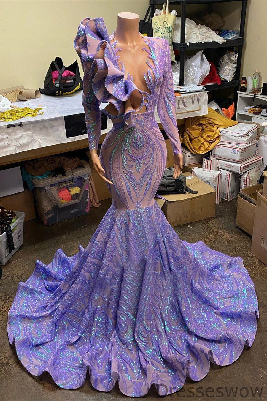 Dresseswow Lavender Long Sleeves Prom Dress Mermaid Sequins  Long Online