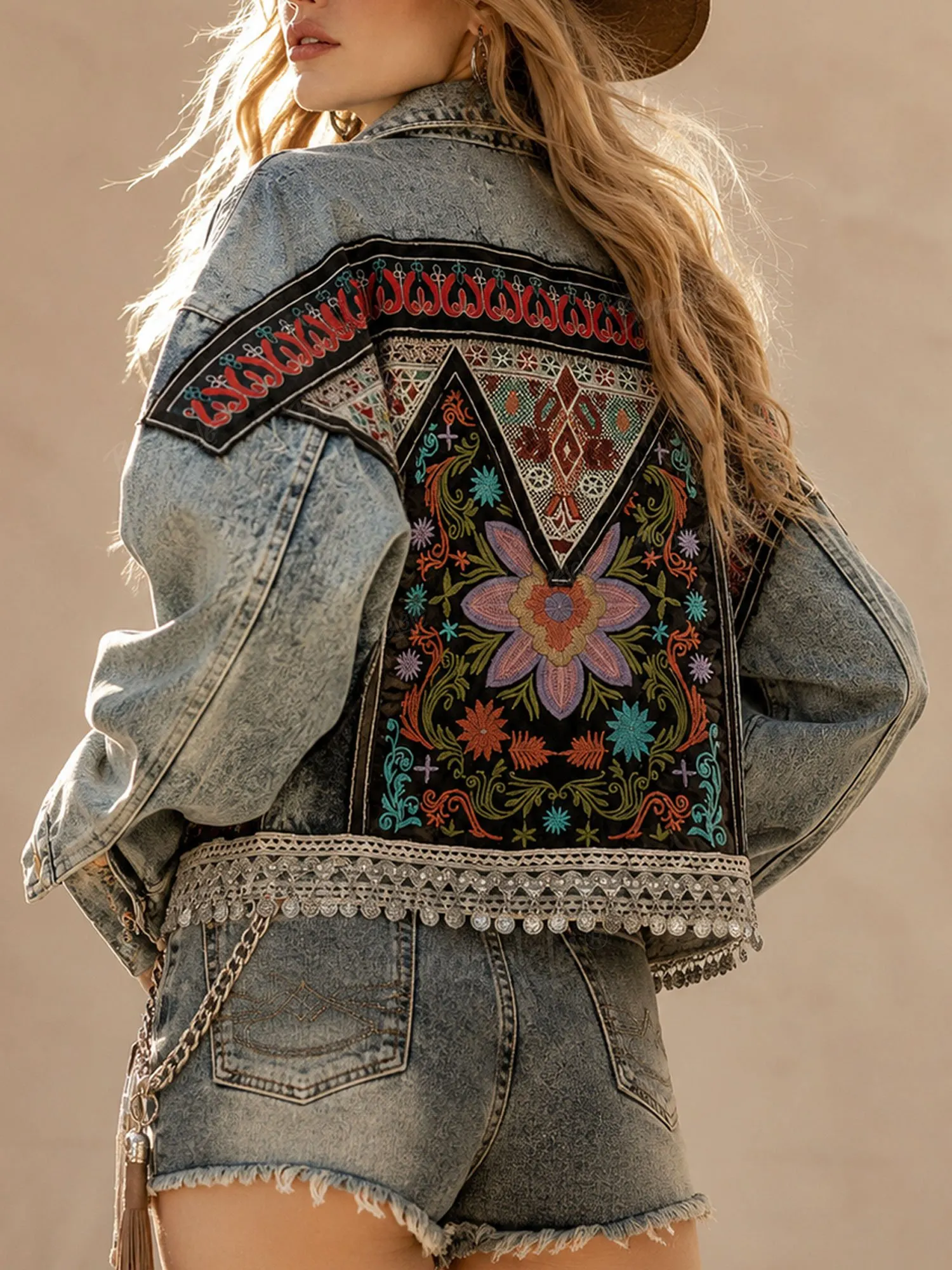 Ideal for an Autumn Country Music Festival &mdash; Women's 2026 Autumn Vintage Blue Denim Geometric Floral Embroidered Coin Fringe Jacket