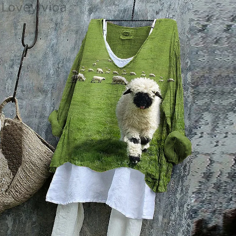 Greetings From The Stray Sheep Graphic Vintage Linen Blend Tunic