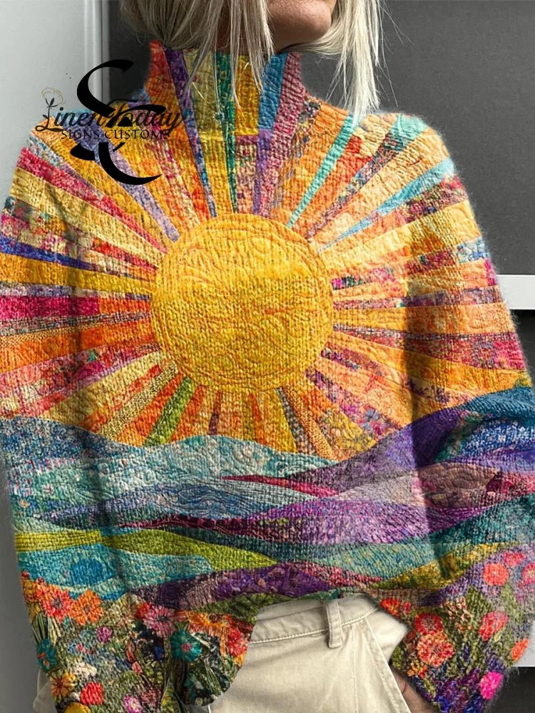 Women's Lovely Sun Floral Patchwork Art Print Knit Turtleneck Pullover Sweater