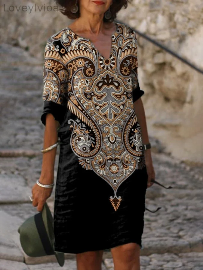 Women'S Vintage Ethnic Print V-Neck Dress