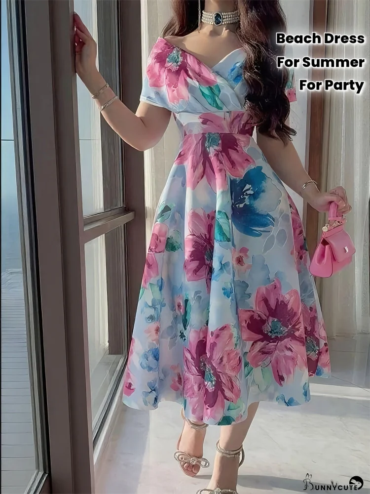 Women&lsquo;s Floral beach dress - Elegant V-Neck A-Line Midi dress, Flowy party & Wedding Guest Gown for Women, Non-See-Through Formal & Casual Outfits - Spring/Fall/Summer Evening Attire, Beach Wedding Dresses for Bride, Spring Fashion, Batwing Sleeves