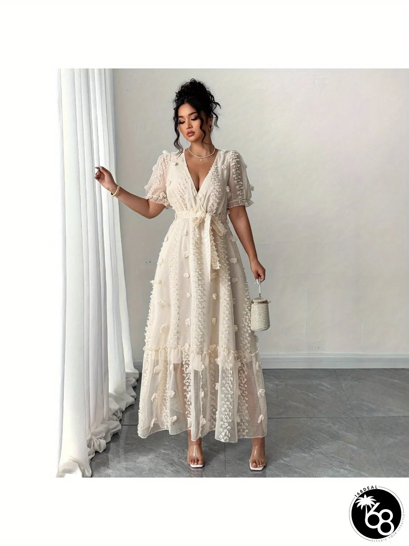 Womens Elegant Floral Vine Embellished V-Neck Maxi Dress with A-Line Silhouette Train | 168DEAL