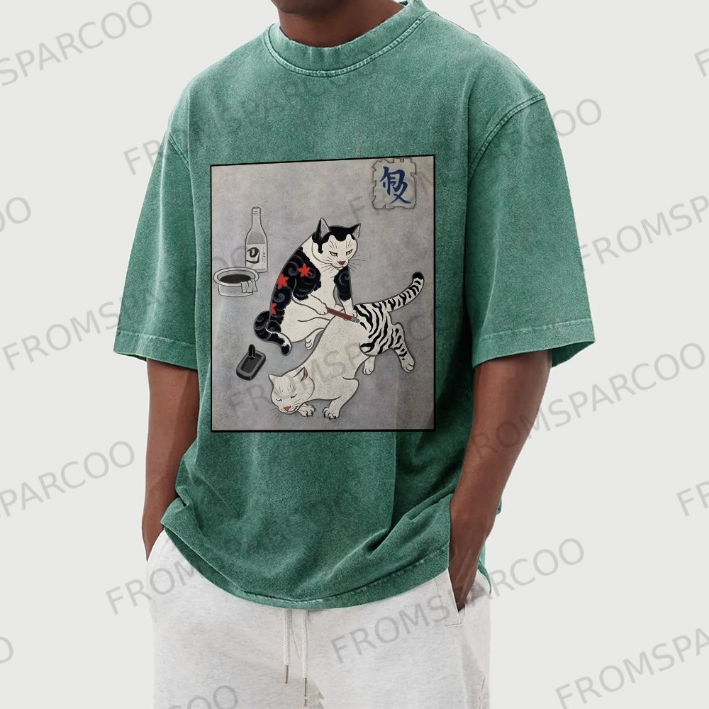 Tattoo Cat Washed Vintage Short Sleeves T-Shirt