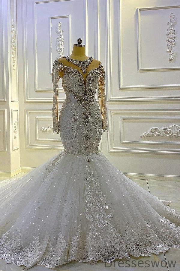 Dresseswow Bateau Long Sleeves Pearl Sequins Mermaid Wedding Dresses With Lace Appliques Beading