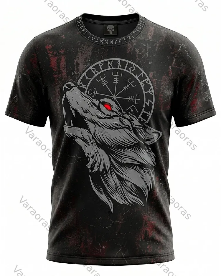 Men's Fashionable Viking Contrast Color Wolf Print T-shirt 6559