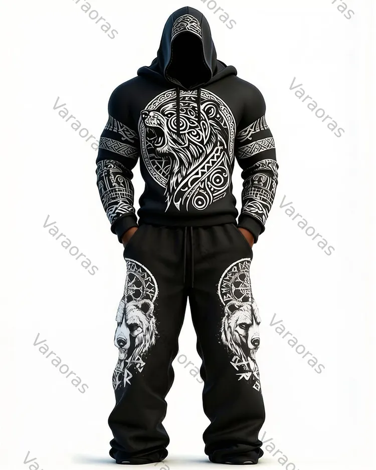 Men's Fashion Viking Contrast Color Bear Embroidered Hoodie & Pants Two-Piece Set 9859