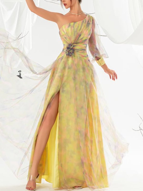 One-shoulder Sleeve Elegant Tie-dye Women's Dress