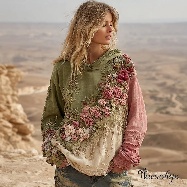 Vintage Retro Floral Embroidered Cozy Hooded Sweater