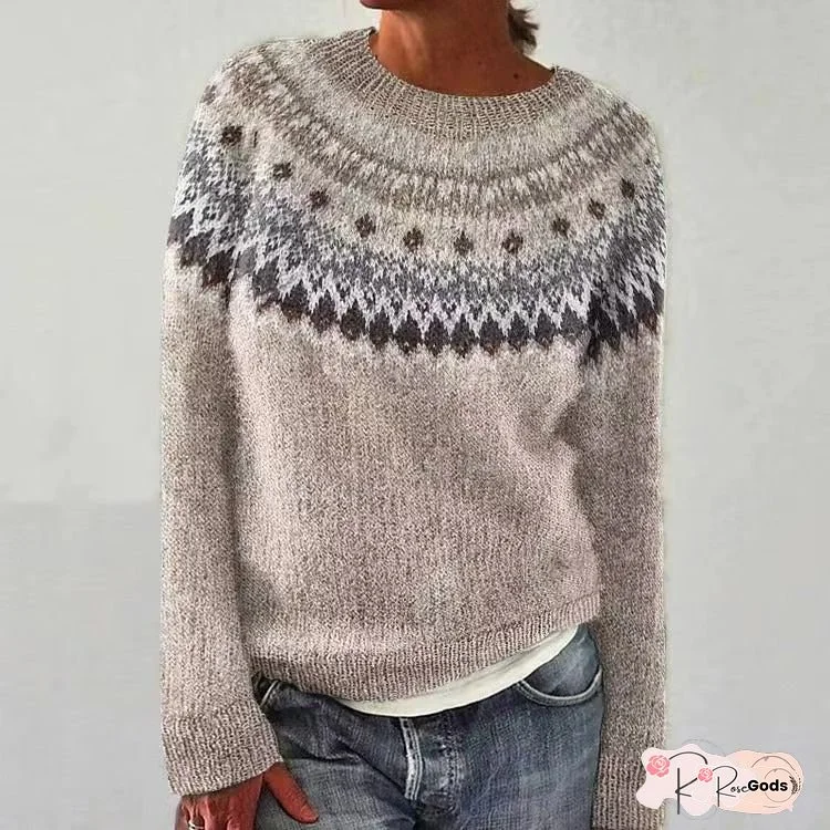 Women's Vintage-Inspired Fair Isle Sweater - Cozy Loose Fit, Long Sleeve, Round Neck, Brown & White Cable Pattern, Perfect for Fall/Winter, Casual Chic Style, Casual Chic Wear|Vintageinspired Design| Construction, Sweater Dress