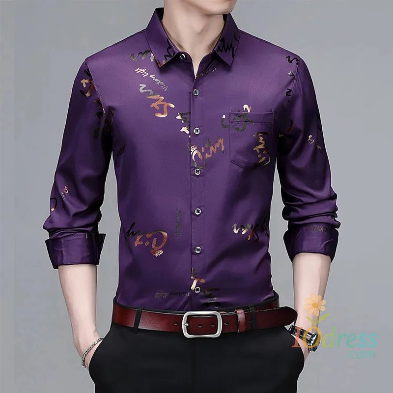 IO Menswear Men's Casual and Fashionable Long Sleeved Printed Shirt, Non Ironing and Wrinkle Resistant Business Top