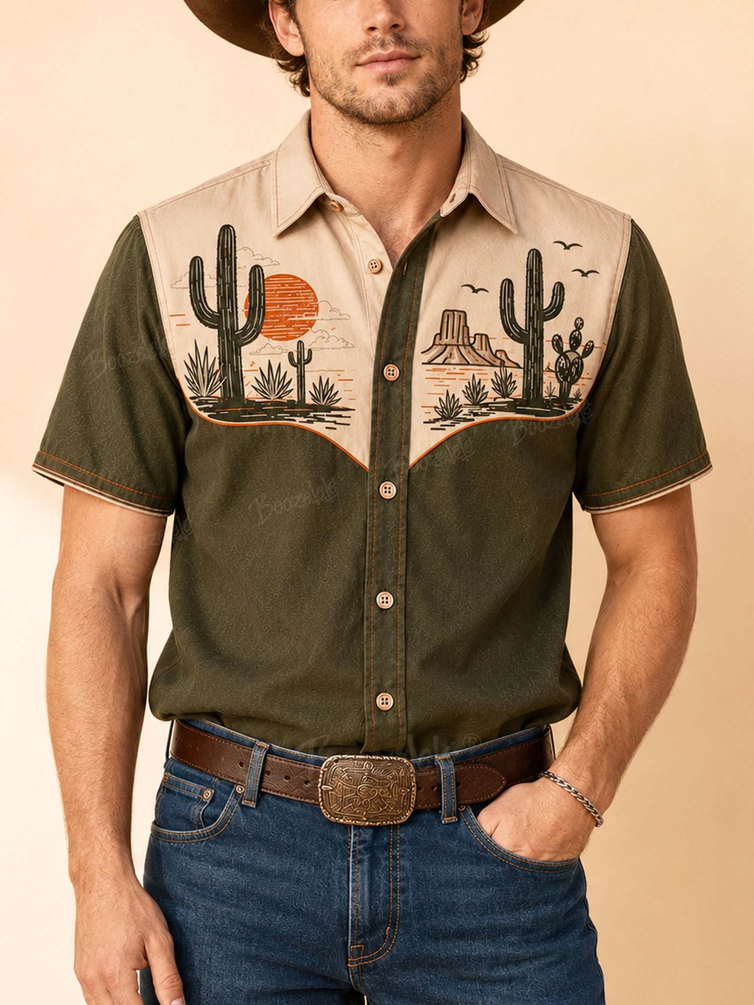 Boho Summer Music Festival &mdash; Vintage Washed Sage Green Western Yoke Detailed Premium Cotton Twill Shirt -100% Cotton