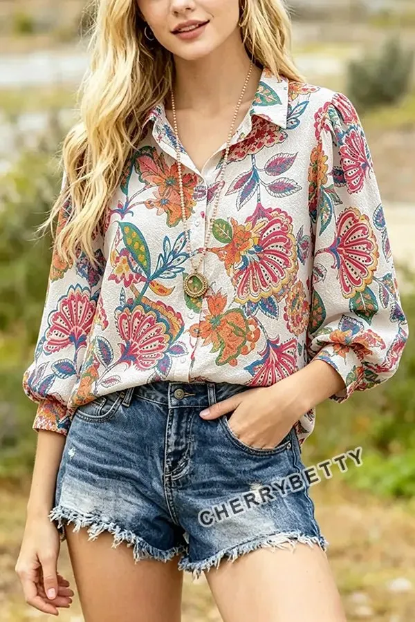 Retro Floral Print Button Down Three Quater Bubble Sleeve Top