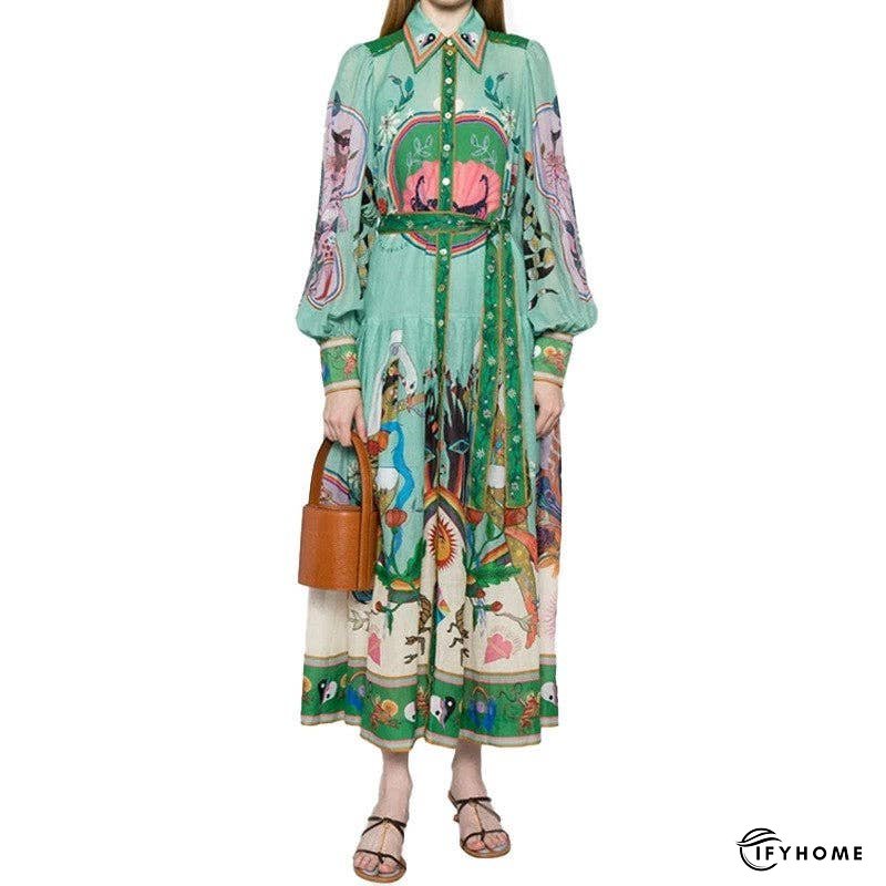 Lantern Sleeve Printed Cinched Waist Long Sleeve Dress | IFYHOME