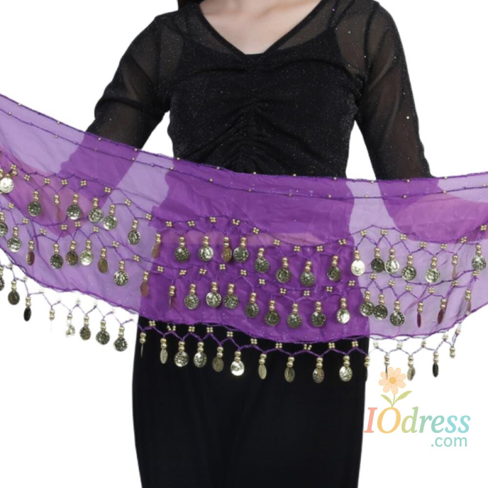 IO Dress 1PC Indian Dance Dress Waist Chain Belt for Women Belly Dance Chiffon Gold Coin Hip Scarf Performance Practice Accessories