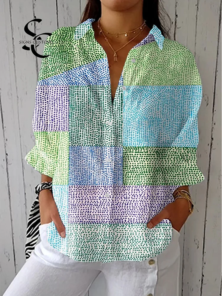 Women's Colorful Block Spot Art Print Casual Linen V-neck Shirt