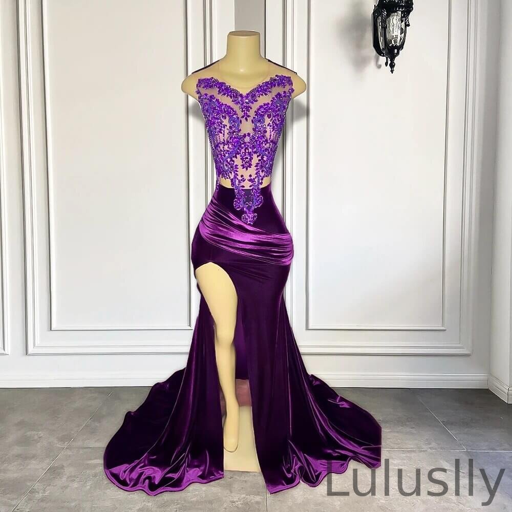Luluslly Purple Scoop Sleeveless Mermaid Prom Dresses With Split Appliques