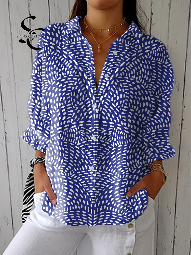 Women's Fashion Color Block Art Print Casual Linen V-neck Shirt
