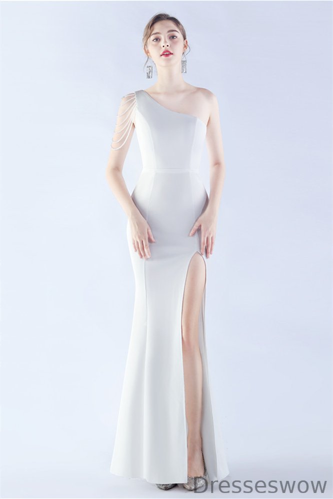 Dresseswow Elegant Satin Mermaid Prom Dress One Shoulder Long With Slit