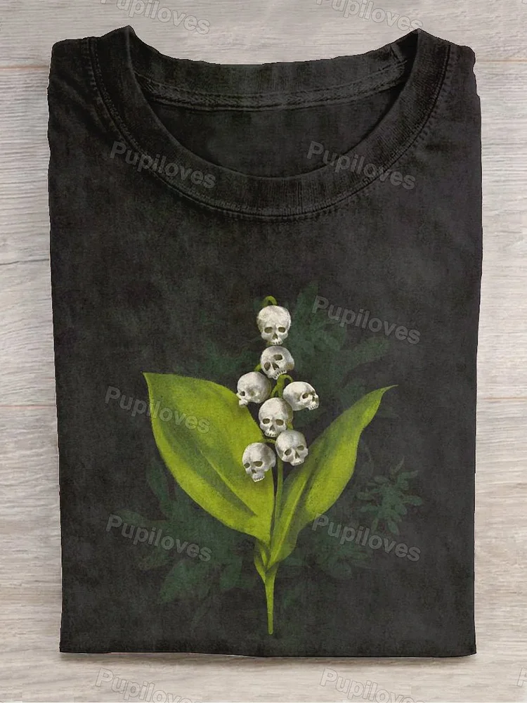 Pupiloves Pupiloves  Unisex Skull Flower Art Print Casual Round Neck T-Shirt
