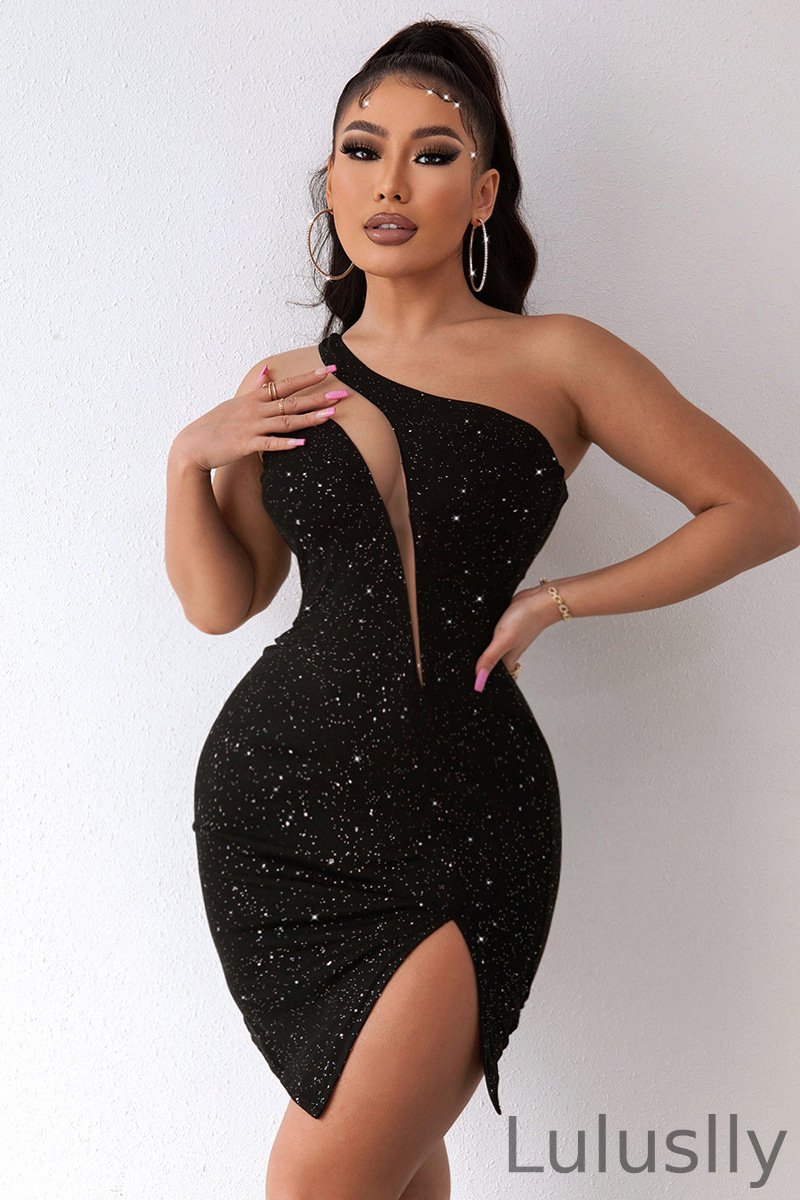 Luluslly One Shoulder Black Short Bodycon Dress Sequins Mini Dress YE0197