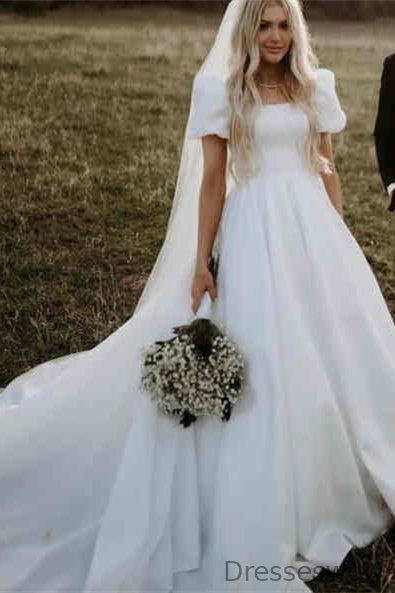 Dresseswow Bubble Sleeves Square A-Line Wedding Dress Long Online