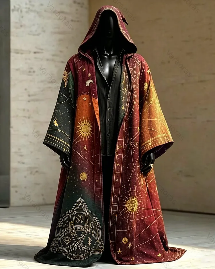 Men's Summer Fashion Star and Moon Print Linen Hooded Cape 1339
