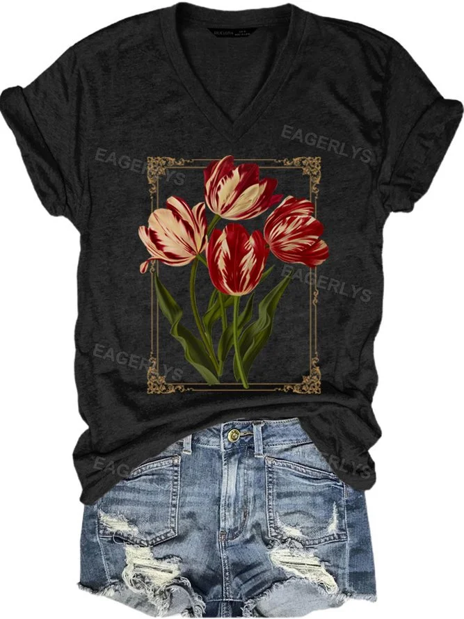 Eagerlys Flowers Dark Botanical V-neck T-shirt Eagerlys