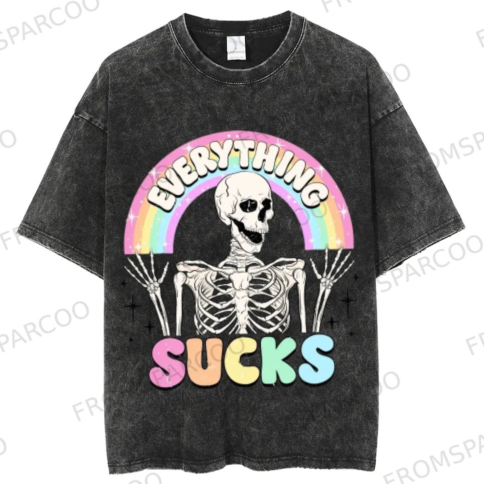 Everything Sucks Unisex Oversized Print Vintage Wash Denim T-Shirt