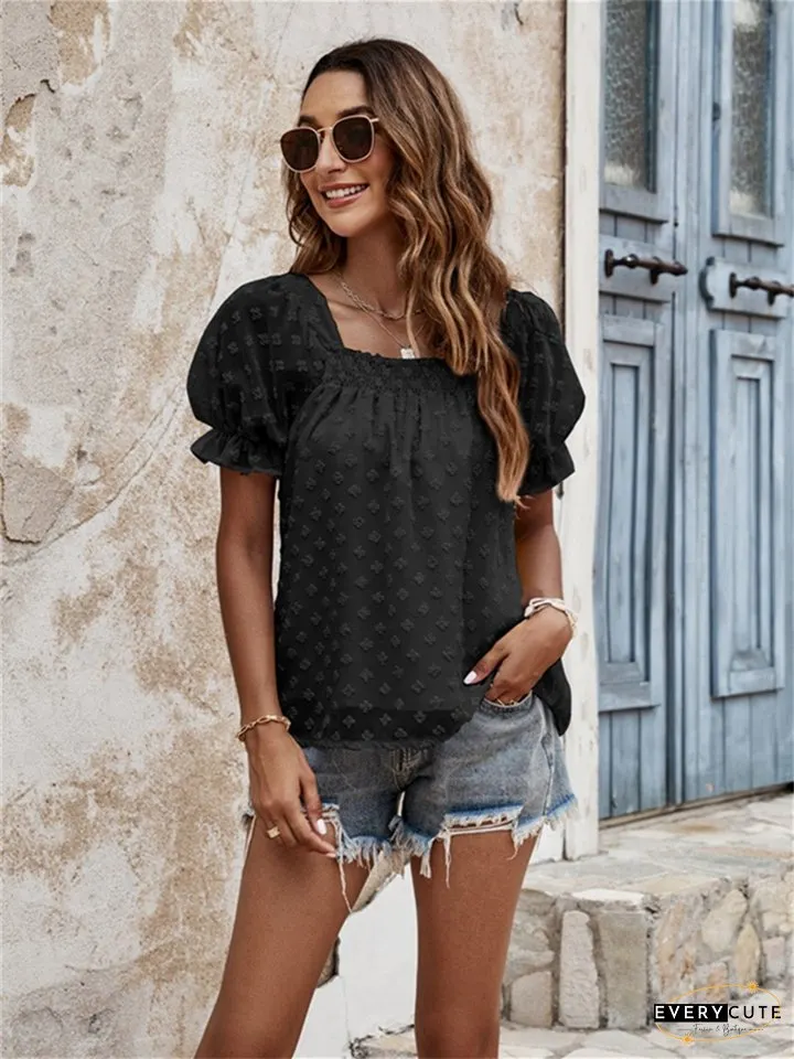 Women's Tops Summer Pump Pleated Bubble Sleeve Double Short Square Neck Chiffon Shirt Women