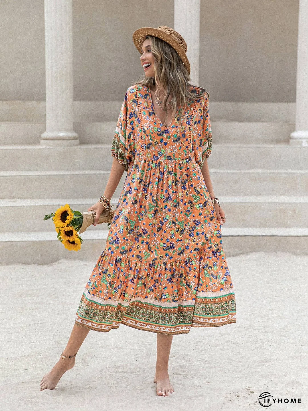 Printed V-Neck Short Sleeve Maxi Dress | IFYHOME