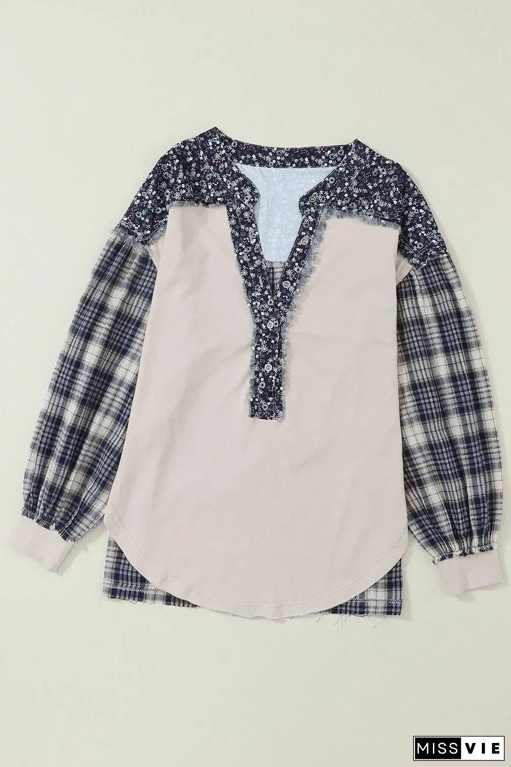 Floral Plaid Mixed Print Bishop Sleeve Patchwork Top