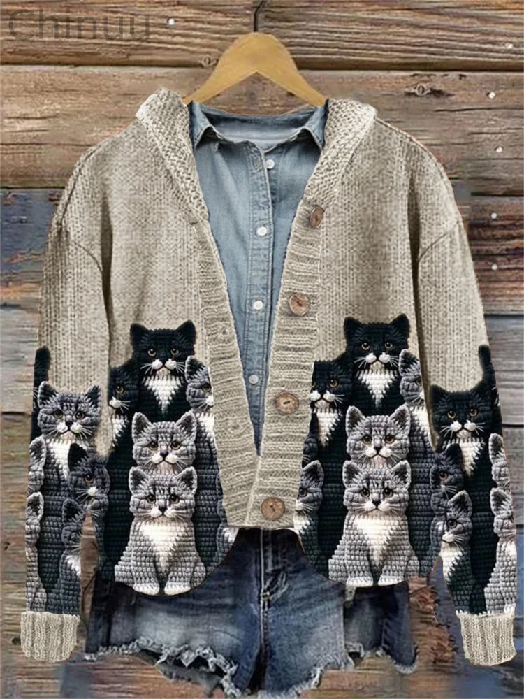 Crowded Cats Crochet Art Cozy Knit Hooded Cardigan