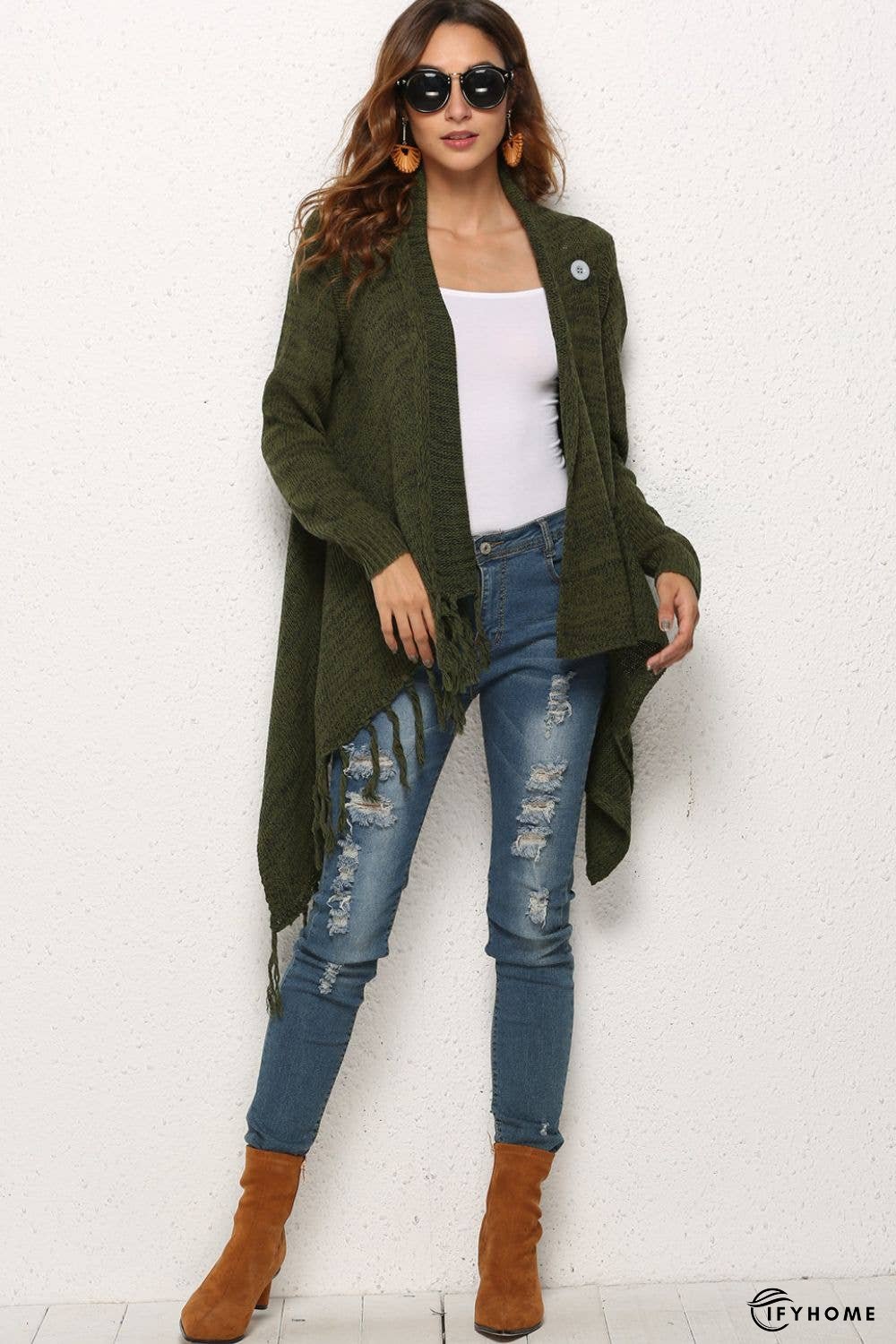 One-Button Tassel Tie Asymmetrical Hem Cardigan | IFYHOME
