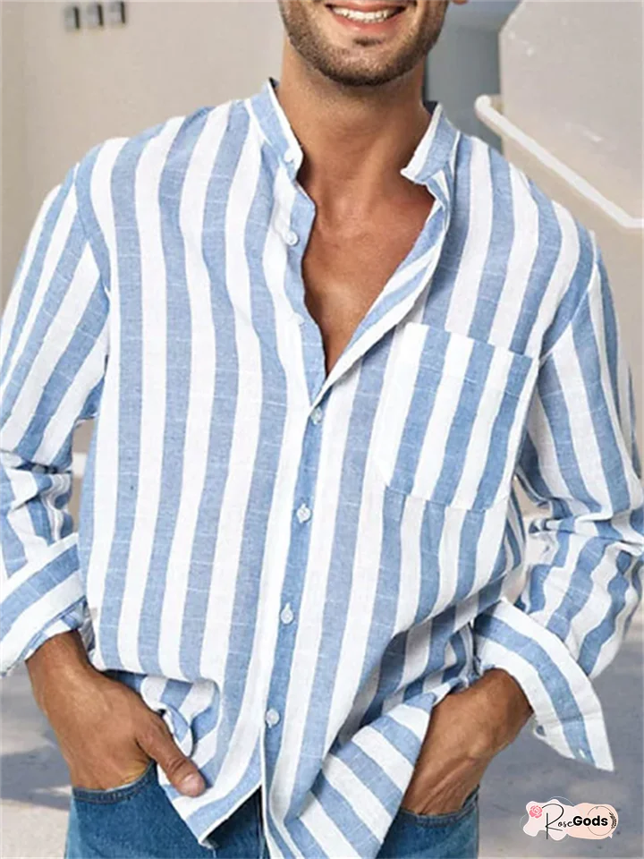 Men's Shirt Striped Stand Collar Light Green Khaki Blue / White Outdoor Street Long Sleeve Button-Down Clothing Apparel Fashion Casual Breathable Comfortable