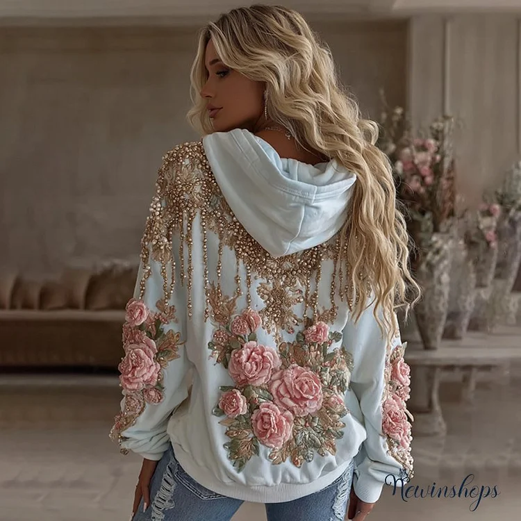 Women's Vintage Pink Flower Embroidery Art Long Sleeve Hoodie