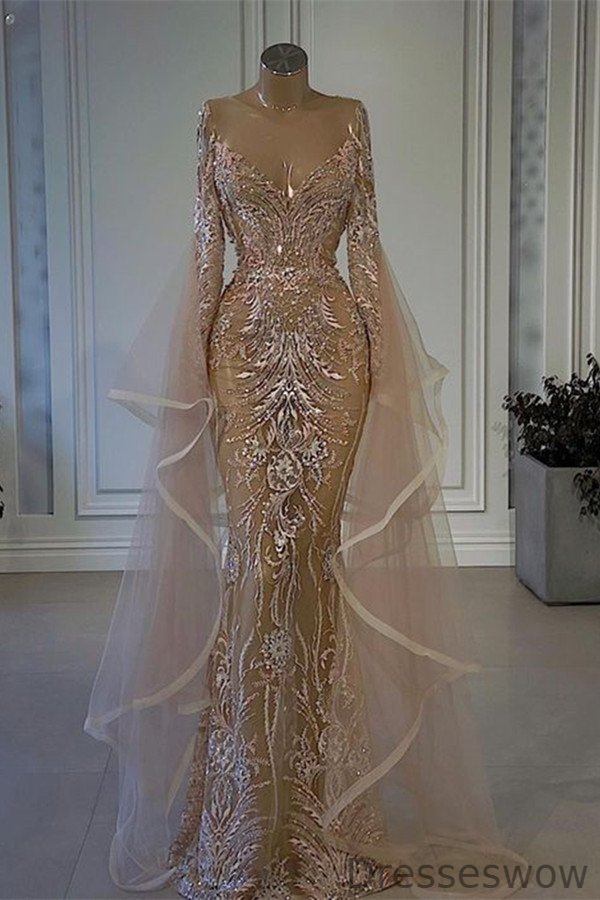Dresseswow Ruffle Long Sleeves Evening Dress Tulle Lace Mermaid Dress