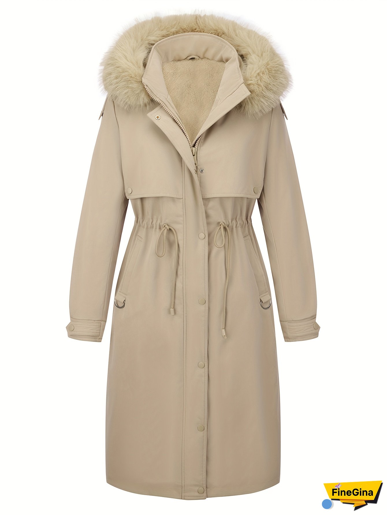 Women's Plus Size Long Winter Parka Jacket - Warm Hooded Zip-Up with Faux Fur Collar, Beige Casual Outerwear for Cold Weather, Polyester Lined for Added Insulation, Cold Weather Apparel | Drawstring Waist | Glossy Finish