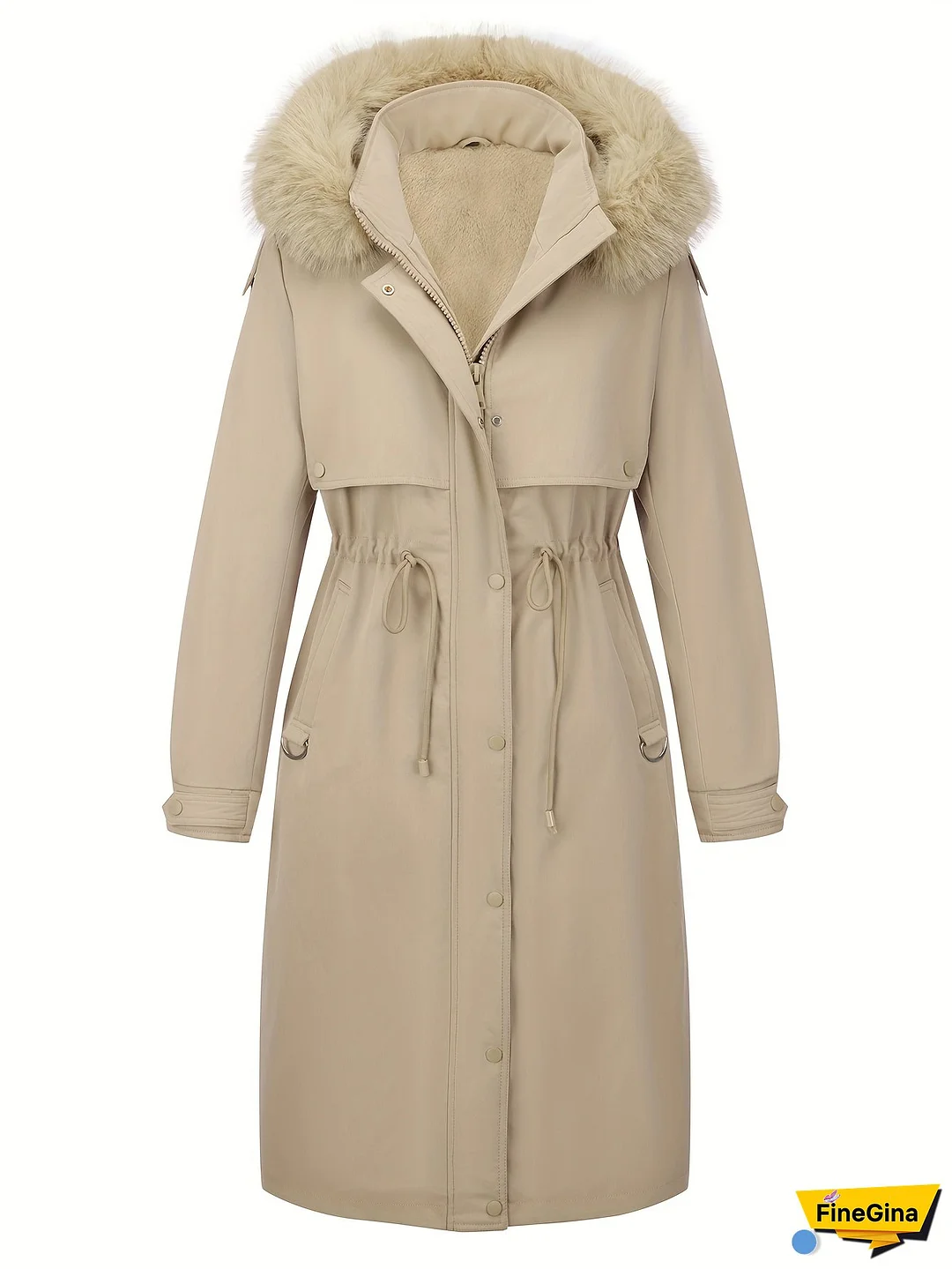 Women's Plus Size Long Winter Parka Jacket - Warm Hooded Zip-Up with Faux Fur Collar, Beige Casual Outerwear for Cold Weather, Polyester Lined for Added Insulation, Cold Weather Apparel | Drawstring Waist | Glossy Finish