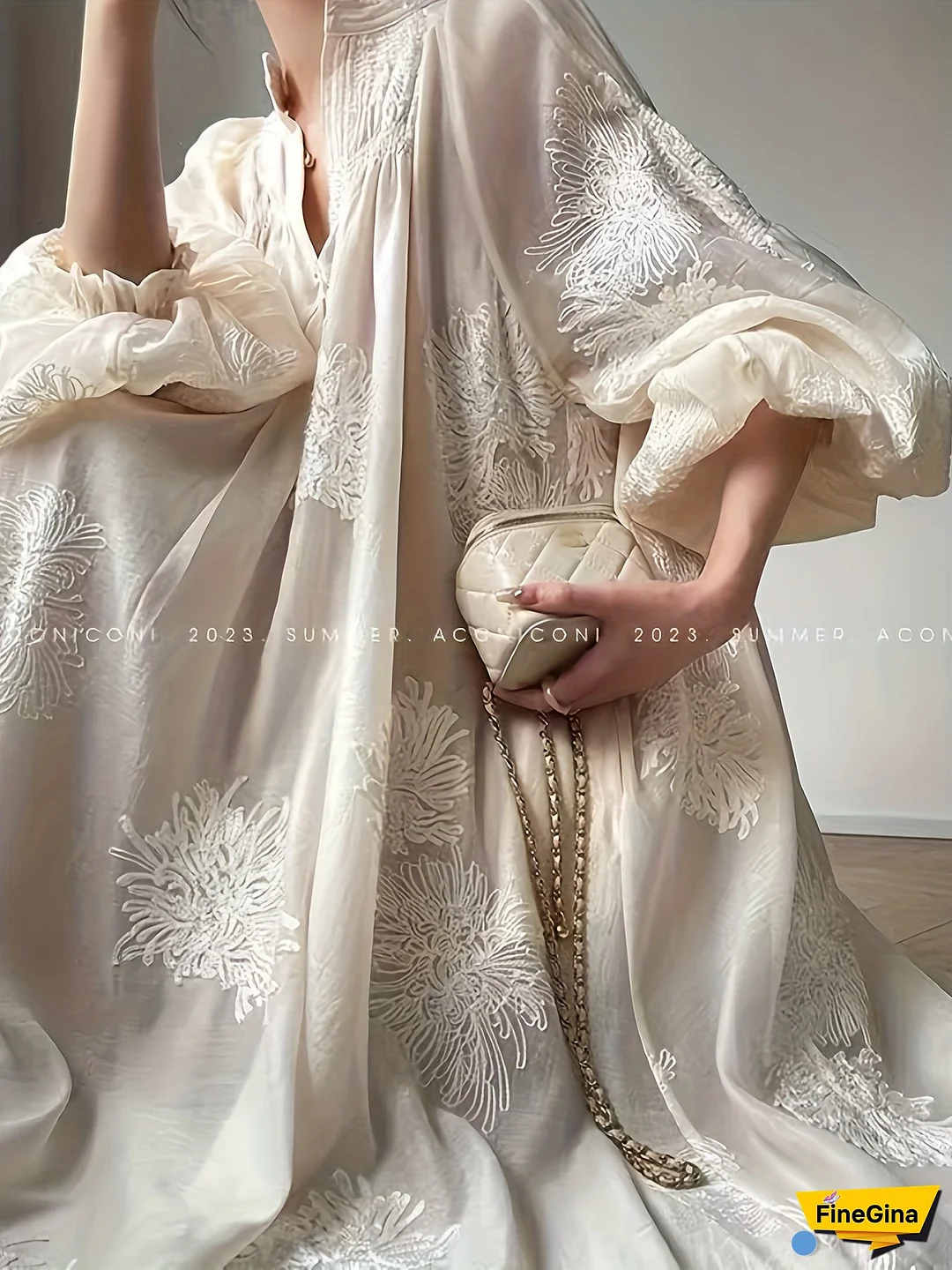 White Embroidered Long Dress, French Elegant Light Luxury Lantern Sleeve Skirt With Waist Cinching For A Fairy Look