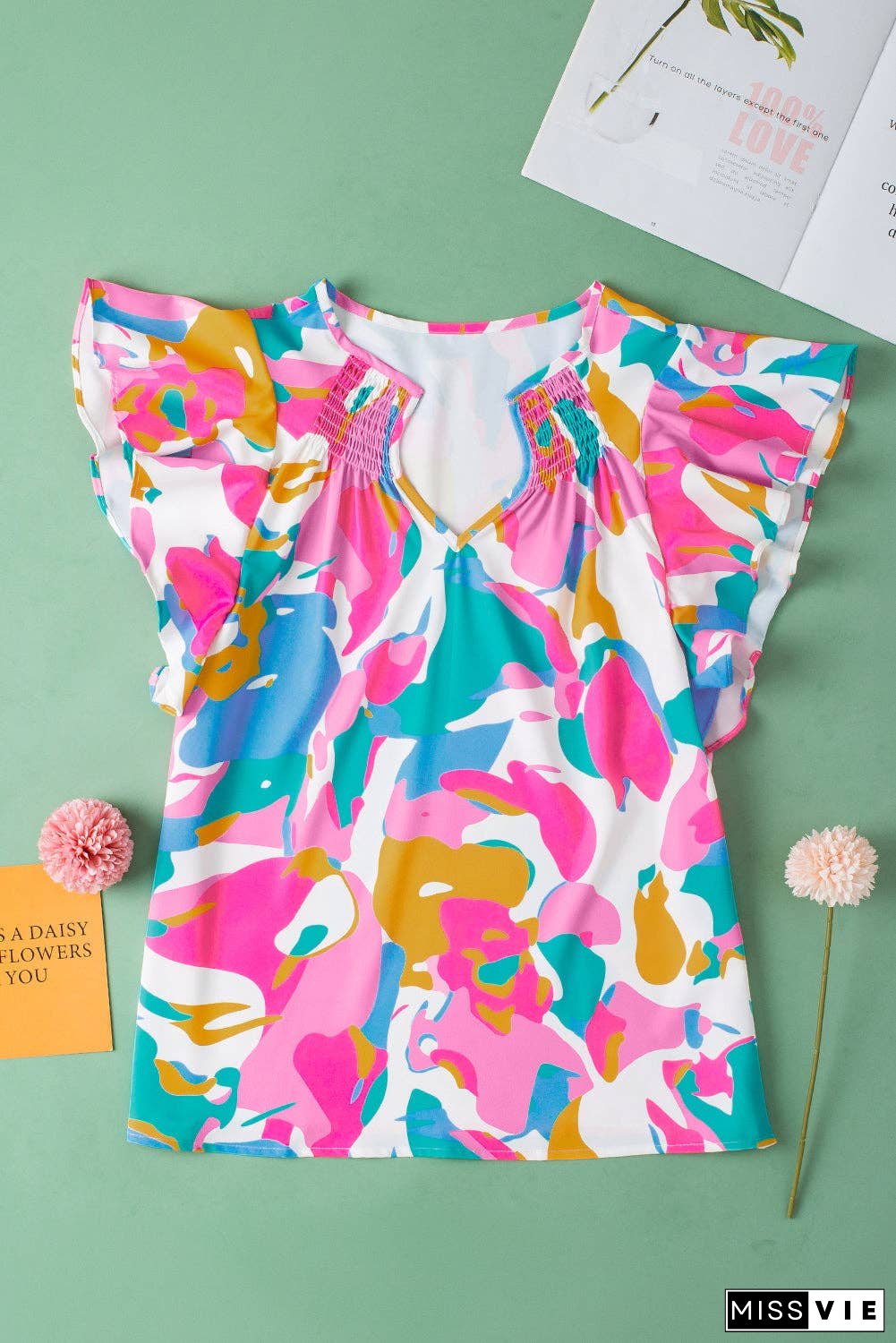 Multicolour Abstract Print Notched Neck Flutter Sleeve Blouse