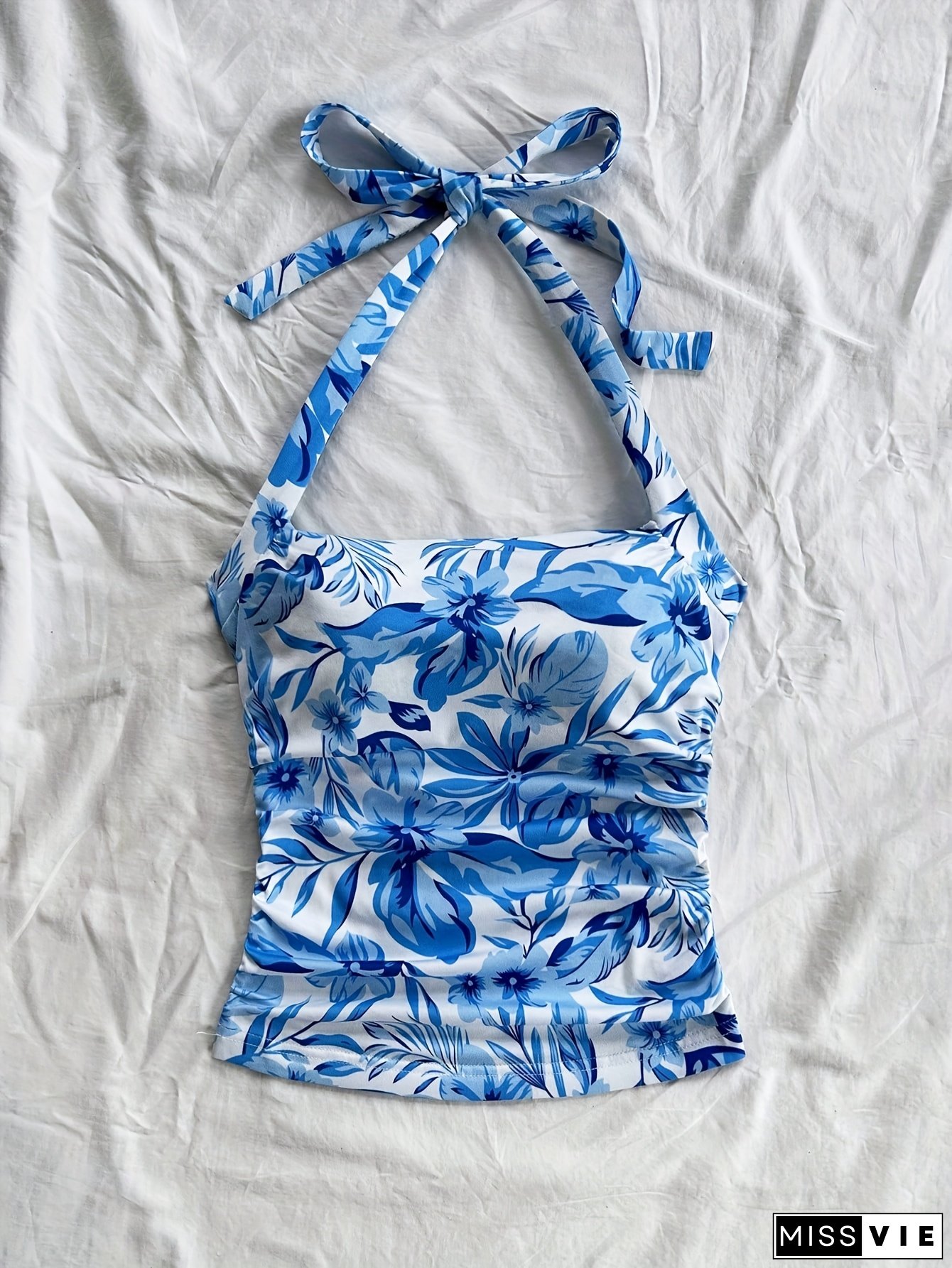 Wywh Women's Y2k Off-Shoulder Backless Swimsuit Top - Blue & White Tropical Floral Print, Ruched Bust Detail With Adjustable Bow Straps, Machine Washable Summer Beach Vacation Top, Bathing Suit Tops, Poolside Attire, Casual Poolwear, Comfortable Fit