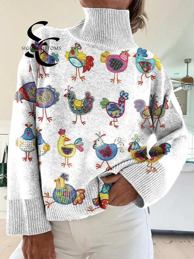 Women's Lovely Chicken Pattern Art Print Knit Turtleneck Pullover Sweater