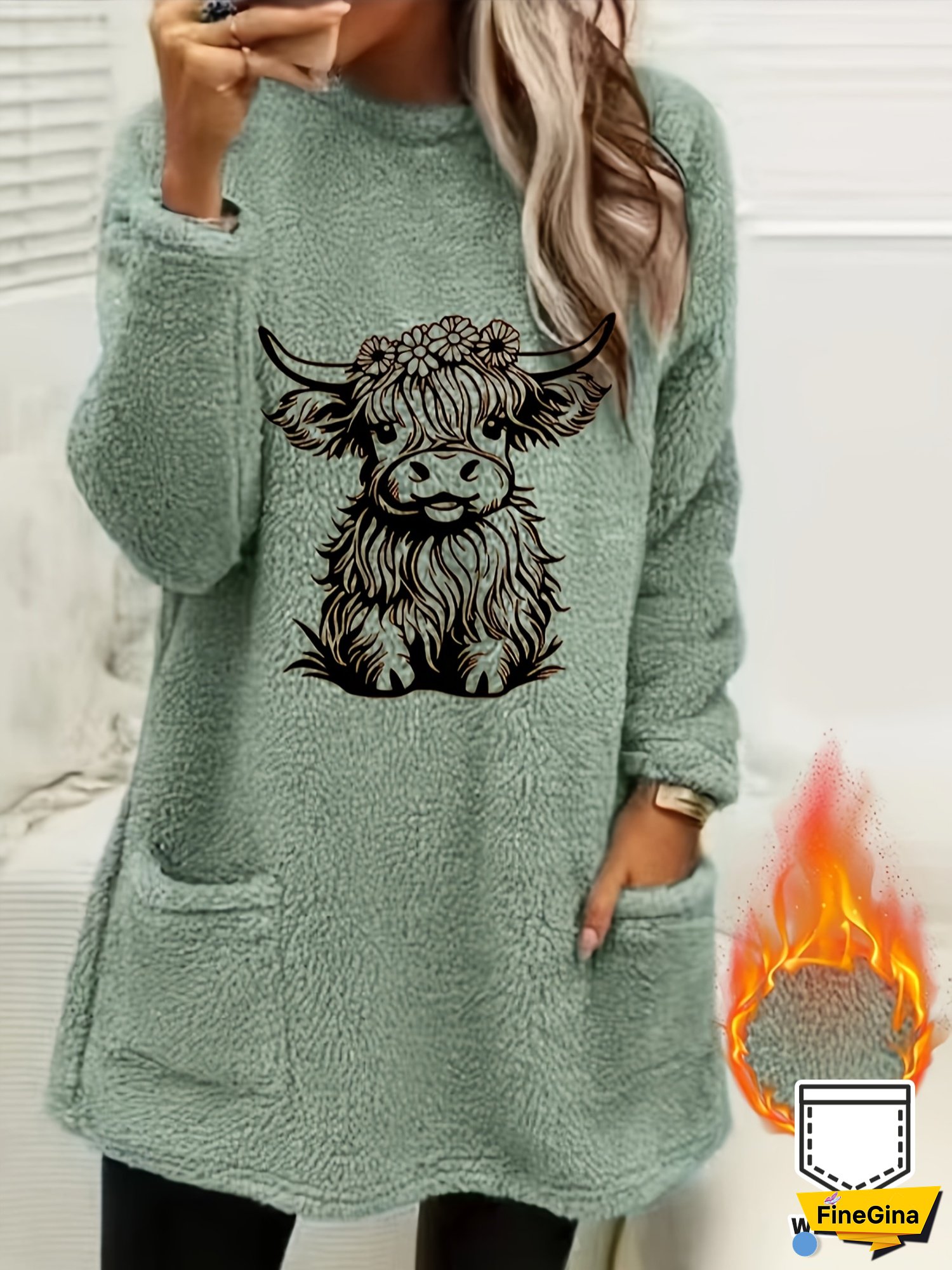 [Cozy Fleece Cow Print] Cozy Fleece Women's Cow Print Sweatshirt | Long Sleeve Pullover with Pockets, Soft Plush Fabric, Fall/Winter Casual Wear, Cow Clothes